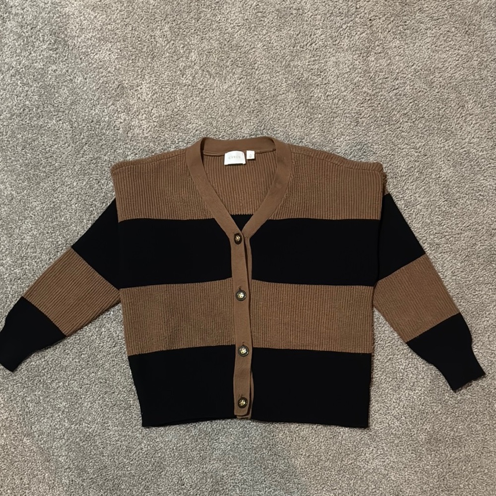 Black and Brown Striped Cardigan Sweater with V-Neck